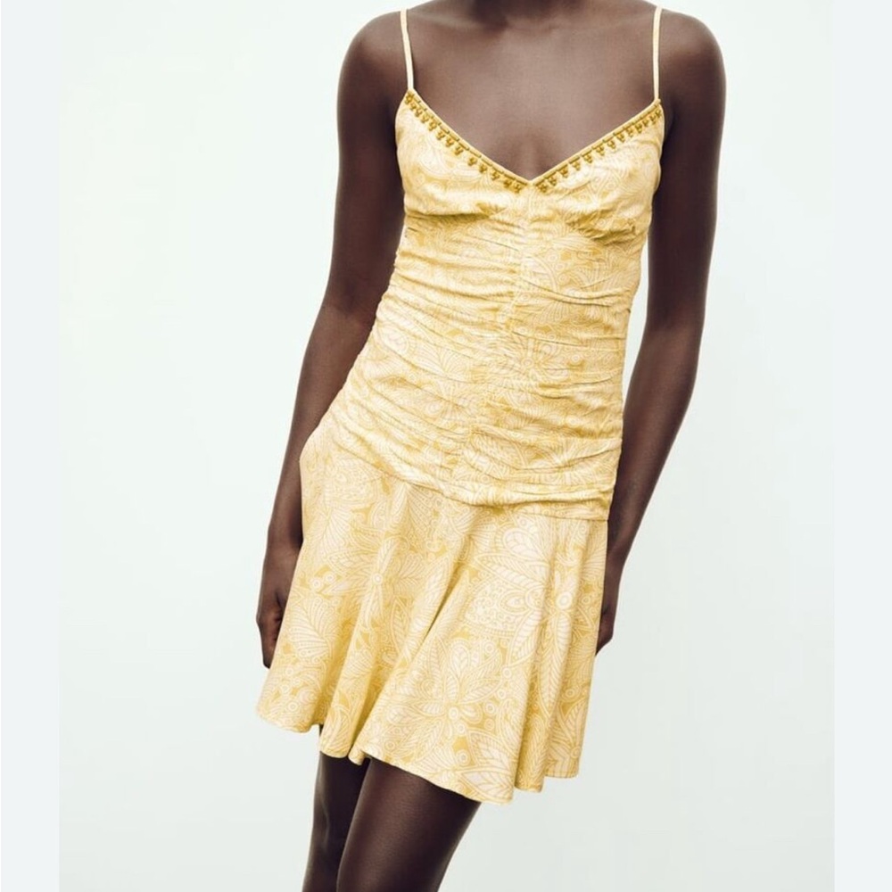 Zara Yellow Paisley Slip Mini Dress Ruched Drop Waist Size M